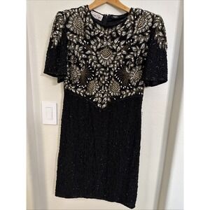 Vintage Laurence Kazar Hand Beaded Dress Sz Large elegant black gold Silver